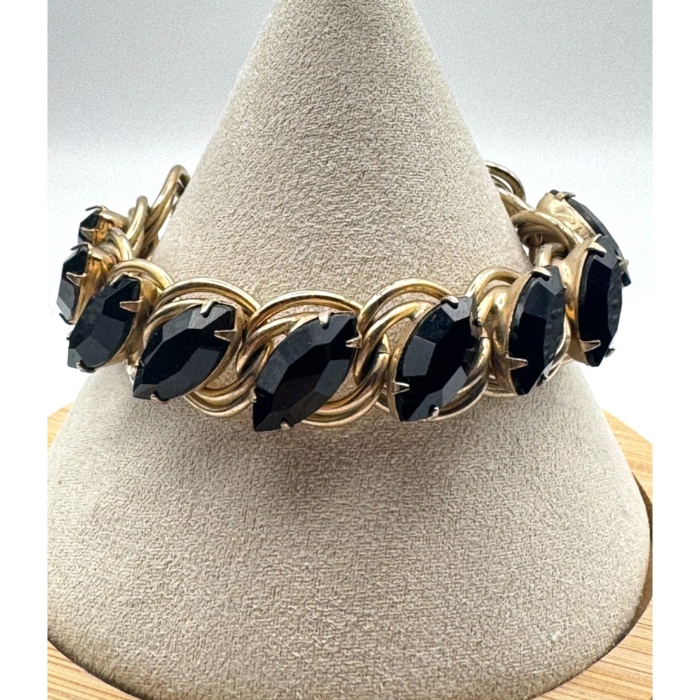Vintage Rhinestone Bracelet Black Marquise Gold Tone Chunky Lyre Clasp MCM